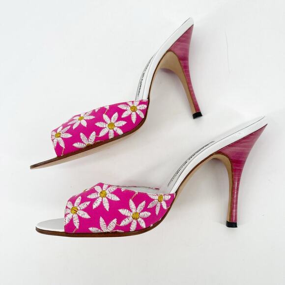 Manolo Blahnik Vintage y2k Pink White Daisy Floral Open Toe Mule Sandal IT 38 - Picture 5 of 13